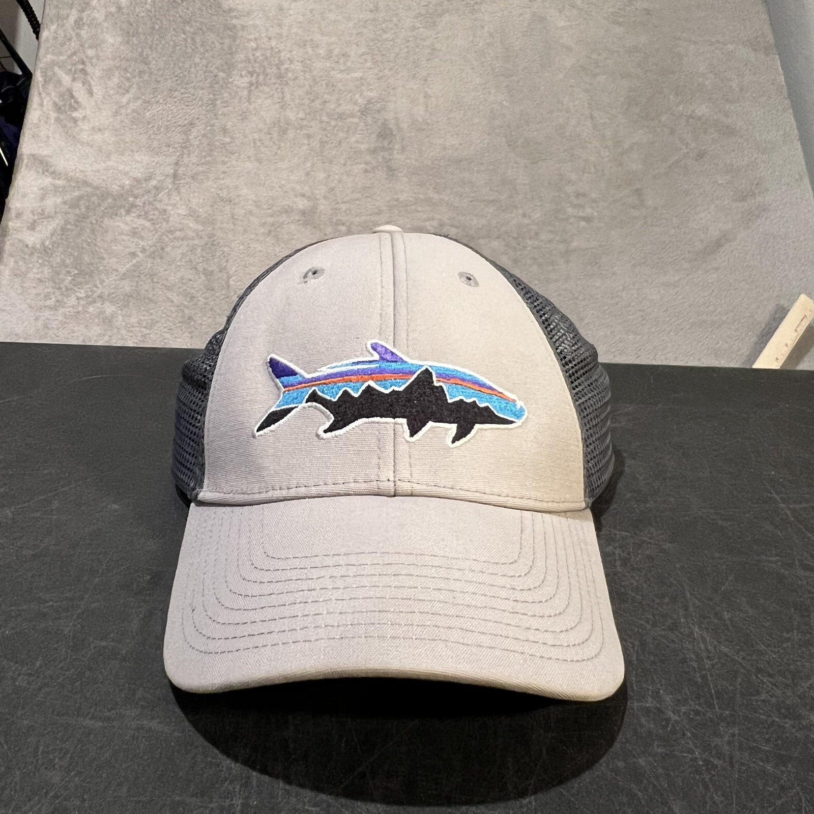Patagonia Fitz Roy Trout Hat Cap Snap Back Mens One Size Gray Mesh Trucker Logo