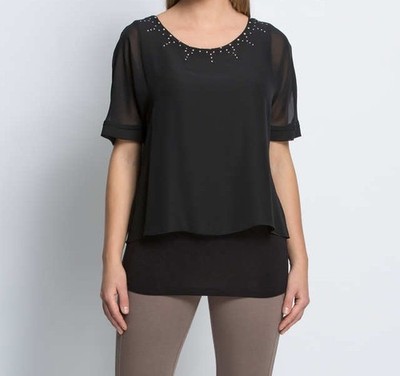 Shirt schwarz 34 Damen Kurzarm-Shirt im Layer-Look mit Nietenbesatz 8.9192