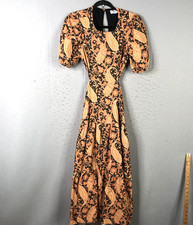 Y2K Dress Womens XS Black Orange Paisley Maxi Open Back Linen Boho