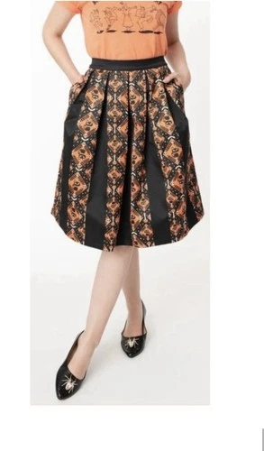 Unique Vintage Black Orange Cat Bat Skeleton Halloween  Jayne Swing Skirt 2x 18