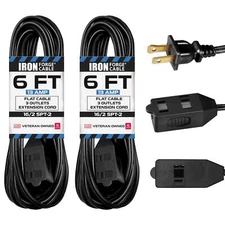 6 Ft Black Extension Cord 2 Pack - 16/2 Durable Electrical Cable