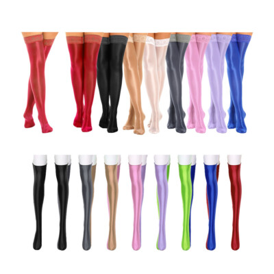 Womens See-through Elastic Stockings Shiny Solid Color Thigh High Socks Clubwear
