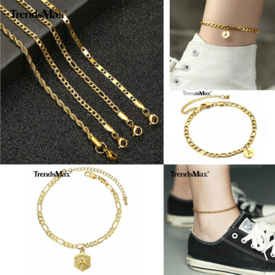 Figaro Chain Initial A-Z Anklet Bracelet Gold Plated Stainless Steel Summer  Hot