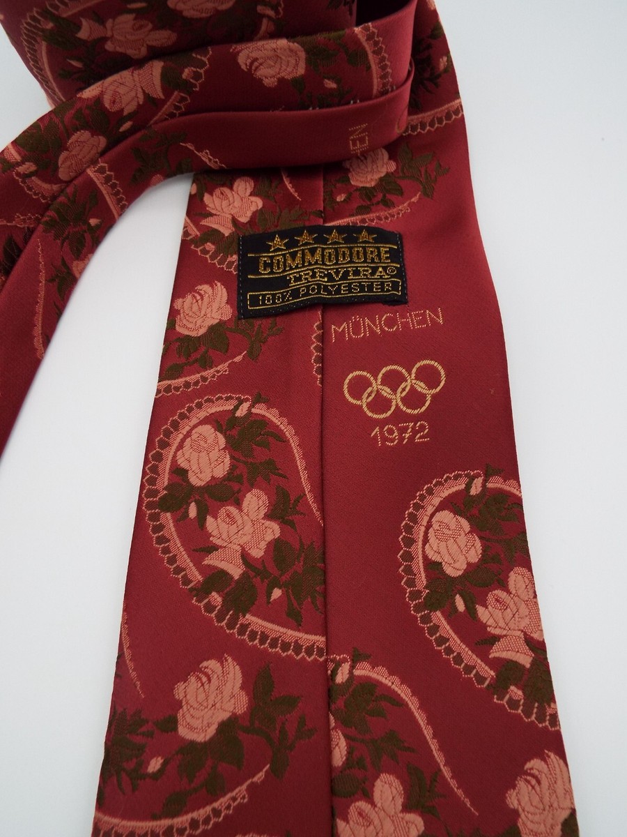 Cravate Vintage Homme Commodore Trevira - Munich Jeux Olympiques 1972 - Rayures Rouge - Polyester - Longueur Classique - Très Bon état