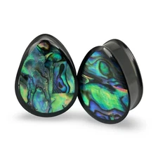 Pair Black Steel Double Flare Teardrop Plugs With Abalone Inlay (PS-282) gauges