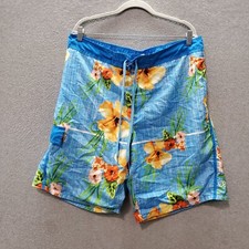 Ocean Pacific OP Men Swimwear Large Blue Floral Trunks Hawaiian 10.5" Inseam