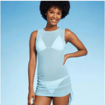 Wild Fable Small (4-6) Blue Mesh Sheer Drawstring Ruched Cover Up Swim Tank Top
