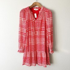 LOFT Red Cream Heart & Circle Dot Print Tiered Ruffle Mini Dress Size Medium NEW