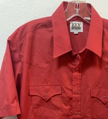 Ely Cattleman Men s Short Sleeve Shirt Red Two Pockets Red Clear Buttons Country