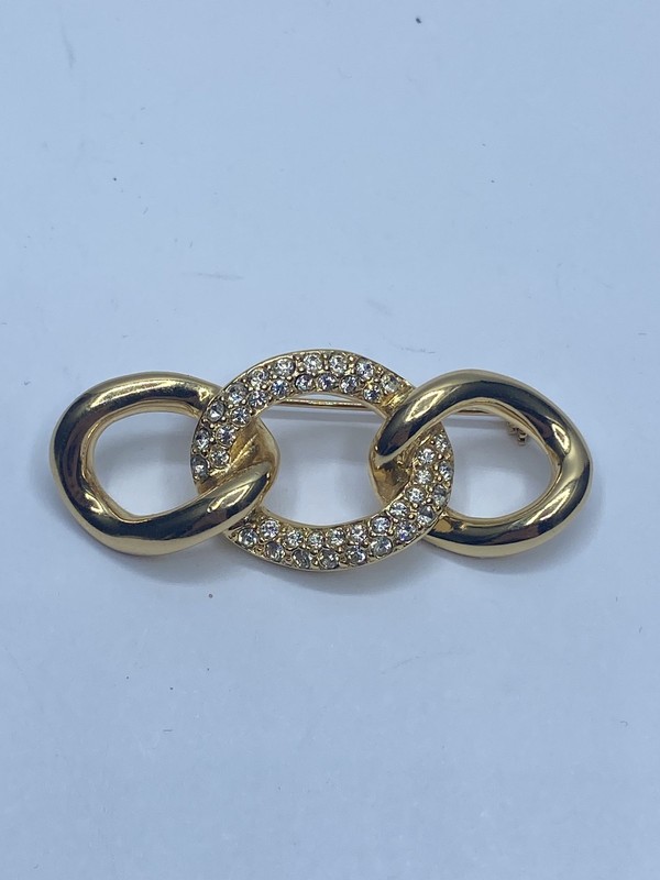 Christian Dior Yellow Gold Tone Rhinestone Interlocking Link Brooch COA 2"