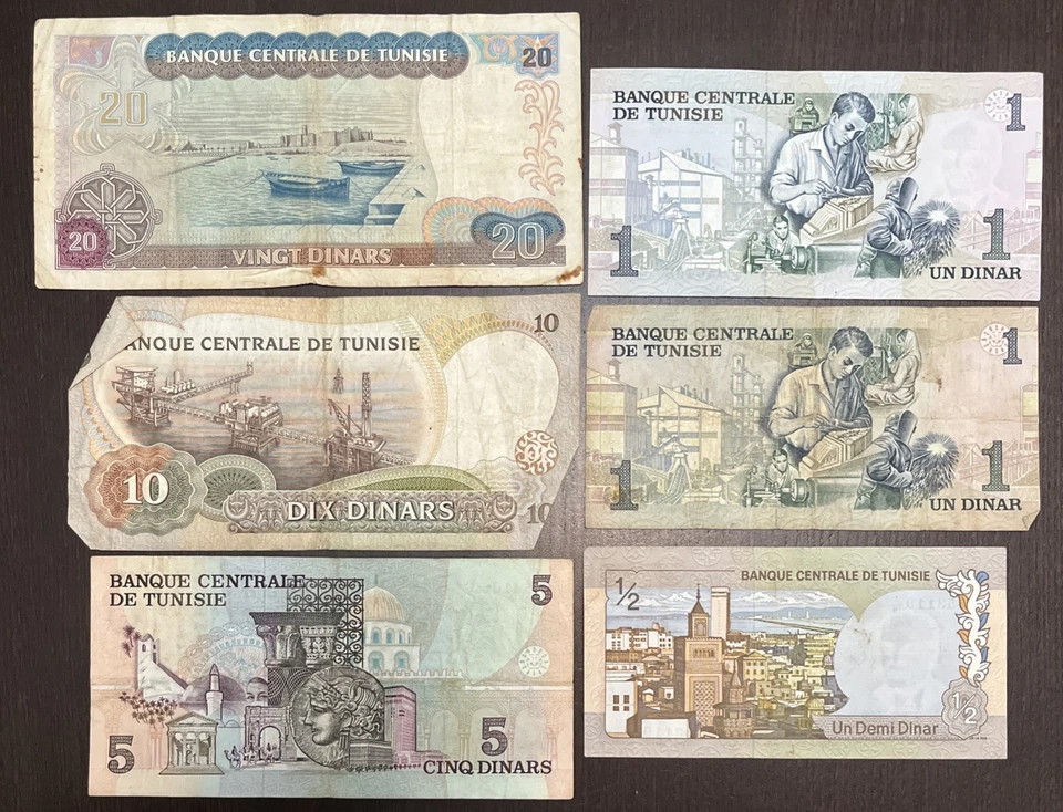 TUNISIA 1980 20 Dinar 1986 10 Dinar 1973 1 & 5 Dinar 1972 1/2 Dinars 6 Notes - Image 2 of 2