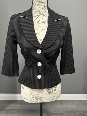 Vintage City Triangles Black Pinstripe Blazer Long line Rayon Size 3 Button 