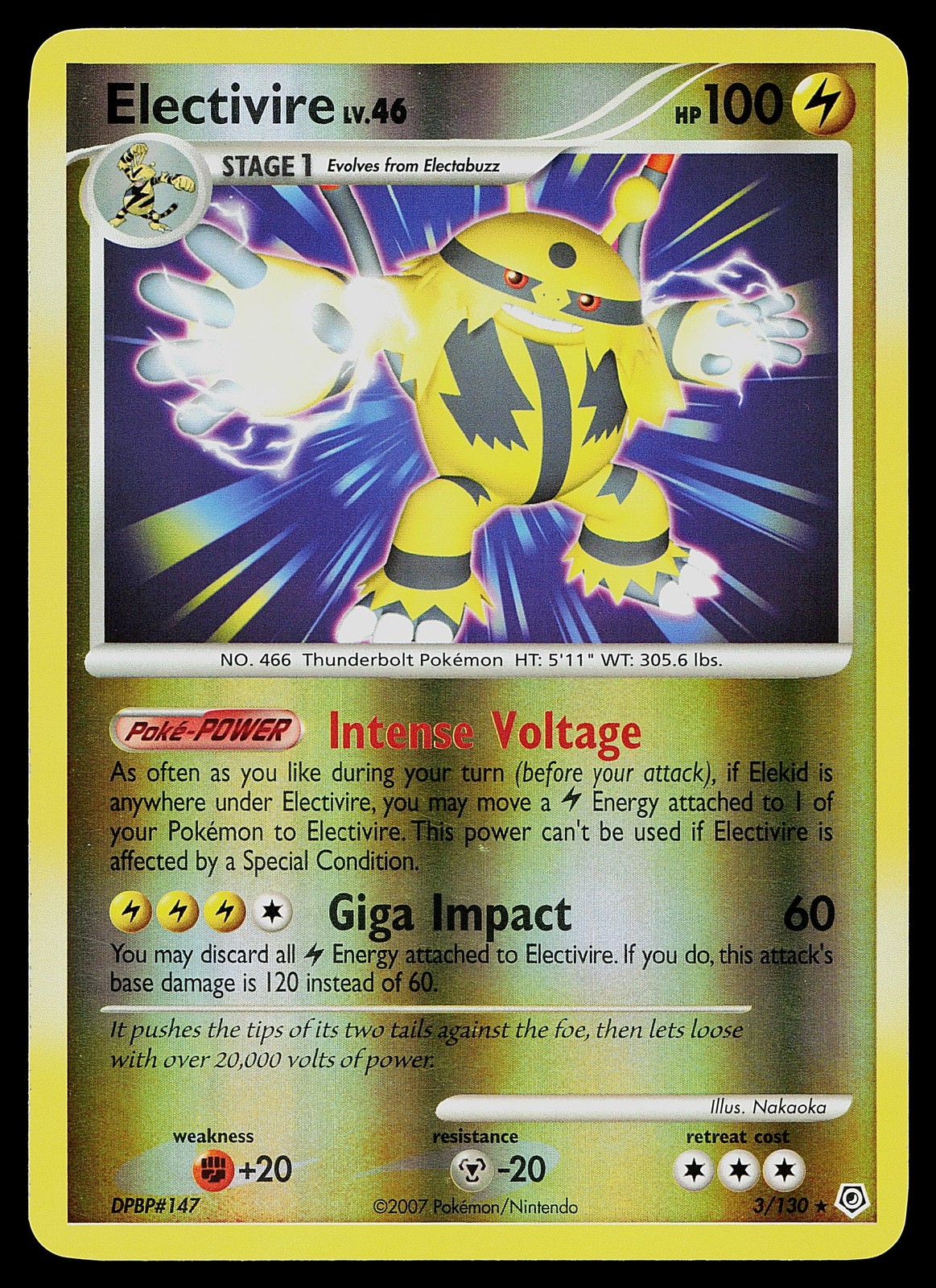 Pokemon Card - Electivire Diamond and Pearl 3/130 Rare Reverse Holo STAMPED