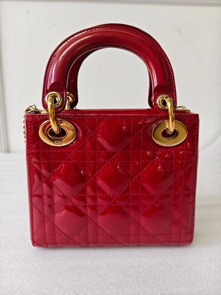 Dior Lady Dior Red Gold Hardware Patent Leather Handbag Chain Crossbody Bag - Image 3 of 4