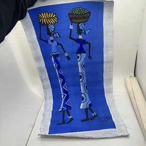 Hand Painted Art African Folk Art Blue Women Painting On Canvas Unframed 32 x 16