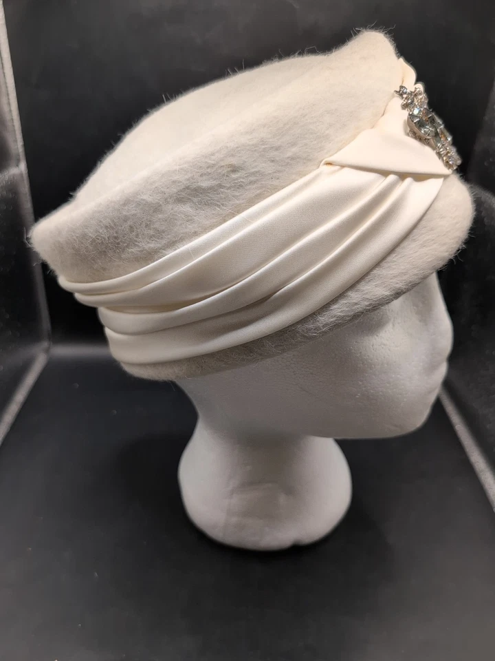 Vintage Bunny Fur Pill Box Hat With Rhinestone Adornment By Lady Byrd Italy  - Image 2 of 4