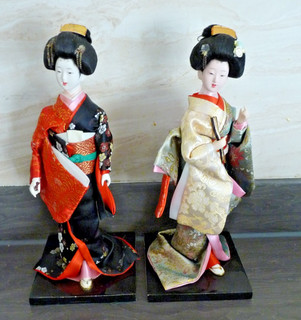 2 Vintage Japanese Geisha Silk Costume Dolls 12" height on wooden stands