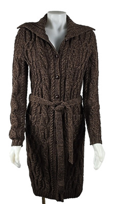 Ralph Lauren Hand Knit Cable Brown Long Cardigan Duster Belted Wool Sweater S