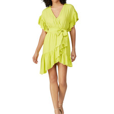 NISSA Ruffled Faux Wrap Dress Women's 6 Yellow Asymmetrical V-Neck RTR
