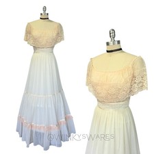 Gunne Sax Vintage 70s Pink Ivory Lace Maxi Dress Size 13 Prairie Off Shoulder