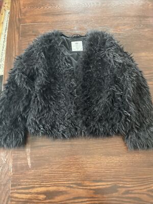 H M Black Faux Fur Jacket Girls Size 8-10 - Main Image