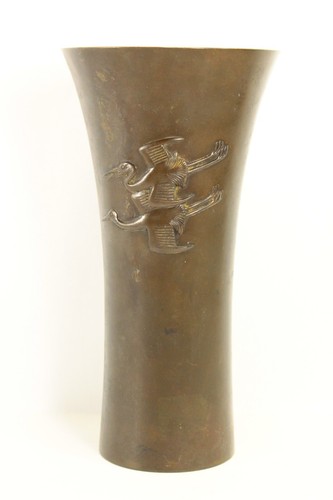 = Mid Century Ikebana Bronze Vase Double Crane Design by Aida Tomiyasu, Signed