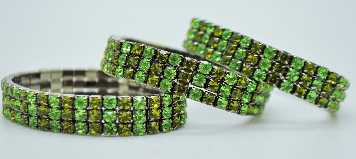 Lot of 3 pcs green color mix Rhinestone black nickel plated Stretch Bracelets