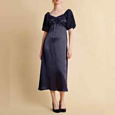 byTiMo Navy Blue Crèpe Satin Puff-Sleeve Dress Sz Small $473