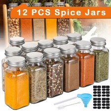 12 x GLASS SPICE JARS WITH SHAKER LIDS STORAGE BOTTLES CONTAINERS POTS AIRTIGHT