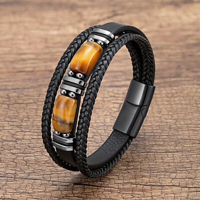 STARCHENIE Men's Tiger Eye Leather Bracelet - Black Braided Leather With Stainless Steel Buckle - View #6
