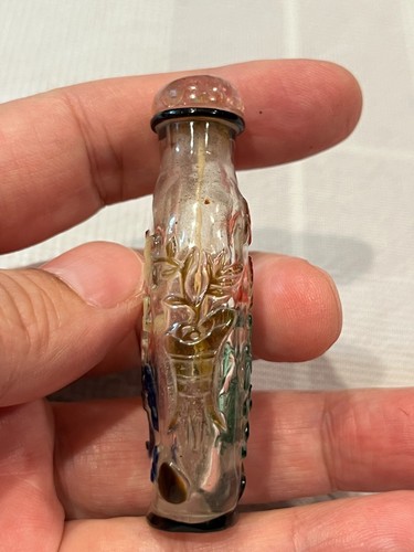 Antica bottiglia da tabacco cinese dinastia Qing multicolore in vetro trasparente con supporto in legno - Foto 5 di 24
