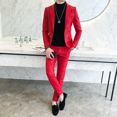 Men's Leather Suit Blazer Jacket Pants 