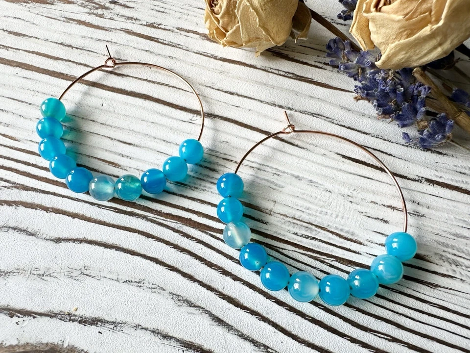 Larimar Hoop Earrings, Larimar Bead Gemstone Peace Relaxation Stone Earrings - Image 4 of 4