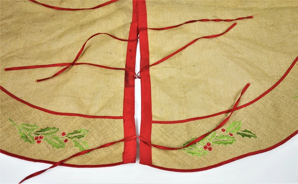 54” Christmas Tree Skirt Burlap Jute Embroidery Holly Primitive Folk Country - Image 2 of 4
