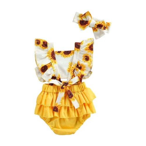 Infant Baby Girls Floral Romper Ruffled Sleeve Jumpsuit Clothes+Headband Outfits - Picture 3 of 10