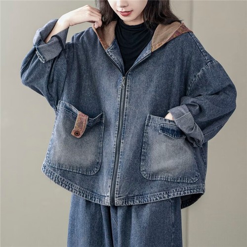Moda Mujeres Chaquetas de mezclilla con capucha Pantalones de mezclilla sueltos Abrigos Informales Talla grande Prendas exteriores - Imagen 2 de 17