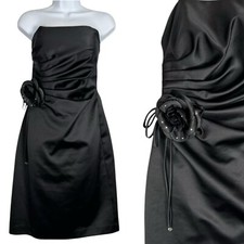 ABS Allen Schwartz Black Satin Strapless Dress Size 8 Ruched Elegant Knee Length