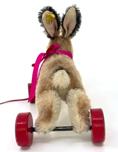 Steiff Rabbit Pull Toy 1960s Eccentric Wood Wheels ID Button Tag Mohair 14cm 5in - Picture 11 of 16