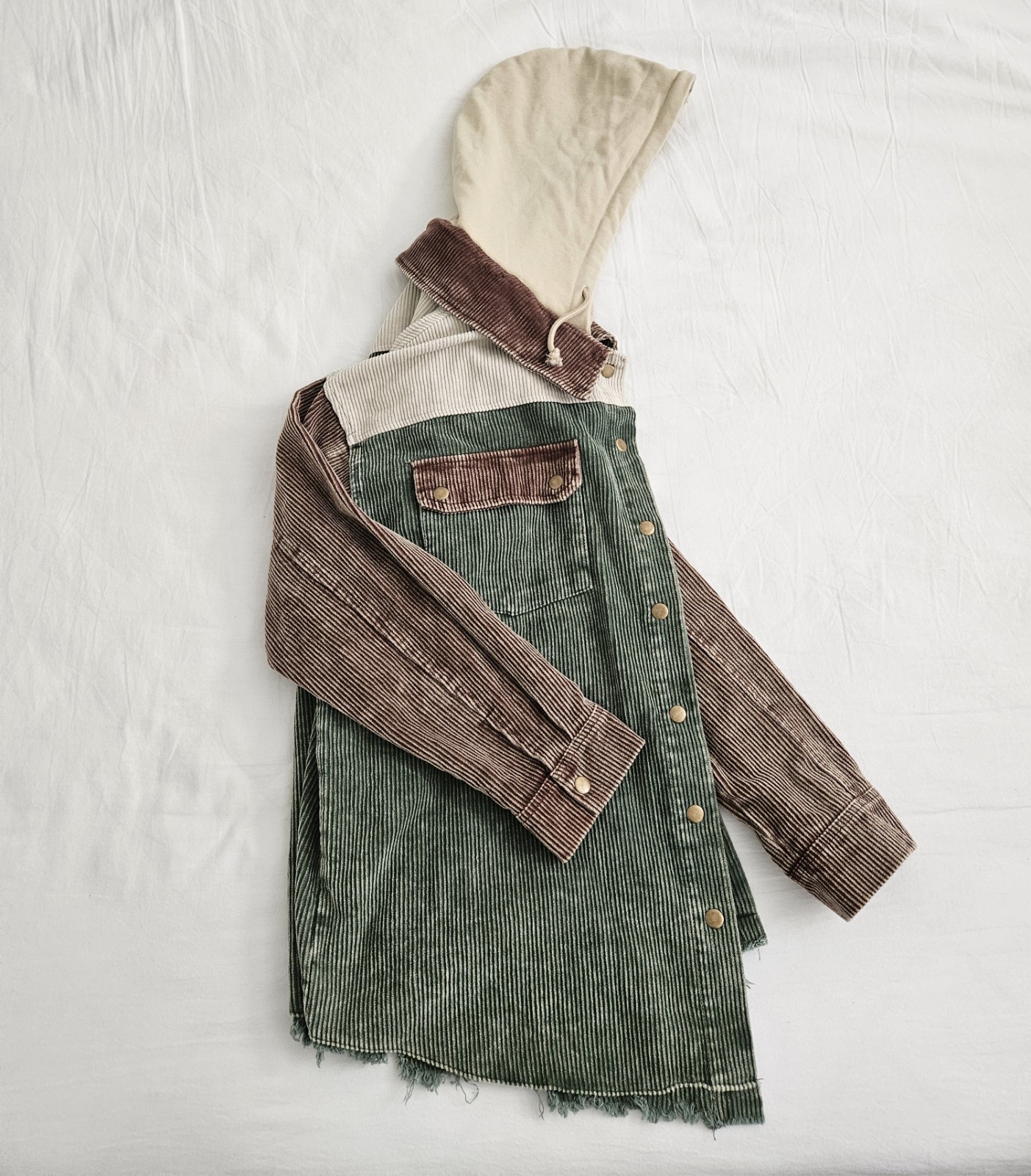 Patchwork Corduroy Hooded Jacket Shacket Green Br… - image 4
