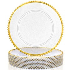 6 PCS Clear Charger Plates Bulk 13 Inch Plastic Round Beaded Dinner Gold