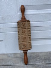Antique Wooden Springerle Cookie Mold Rolling Pin 18&rdquo; 24 Squares 6 Designs VGC