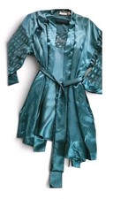 Complete 3-Pc Vtg 90s Victoria's Secret Gold Label Robe Nighty Set L Teal Satin