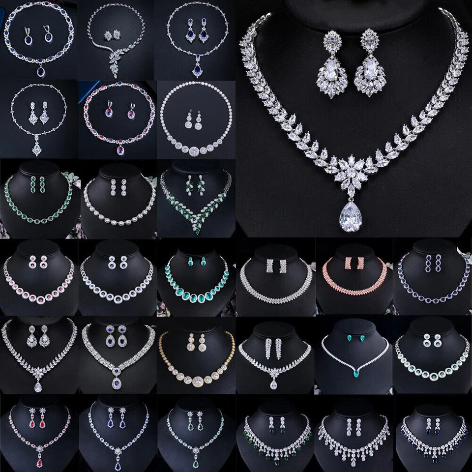 Statement Weiß Kristall CZ Halskette Ohrringe Set Braut Hochzeit Halsreif Schmuck