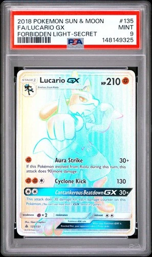 Pokemon Sun & Moon Lucario Gx Full Art Forbidden Light Secret #135 PSA 9 Mint