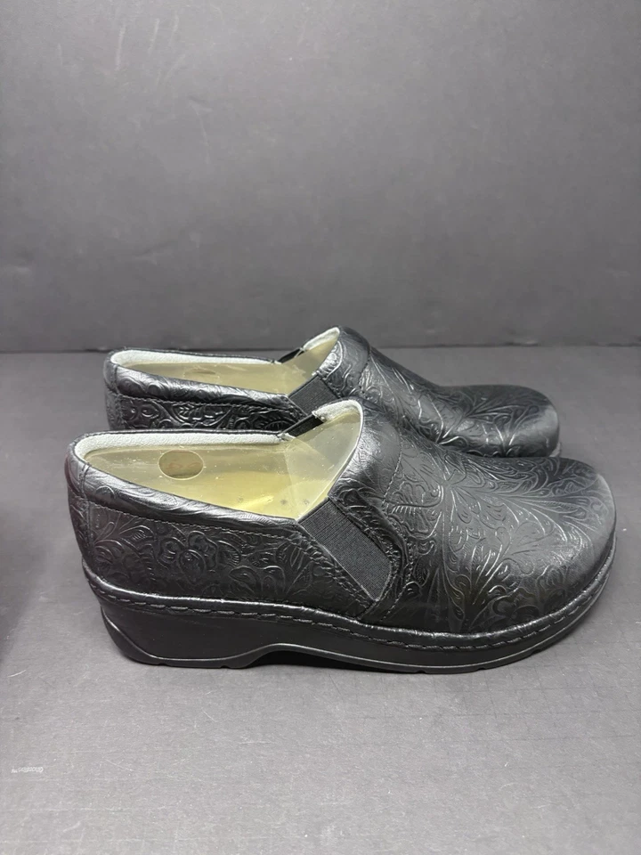 Klogs Calzado Mujer Zapatos Talla 10 Anchos Cuero Negro Cómodo Floral Sin Cordones Foto 4 de 4