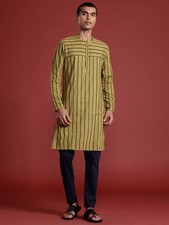 Men  s Striped Woven Kurta   Mustard Yellow  Black, Mandarin Collar   S to XXL
