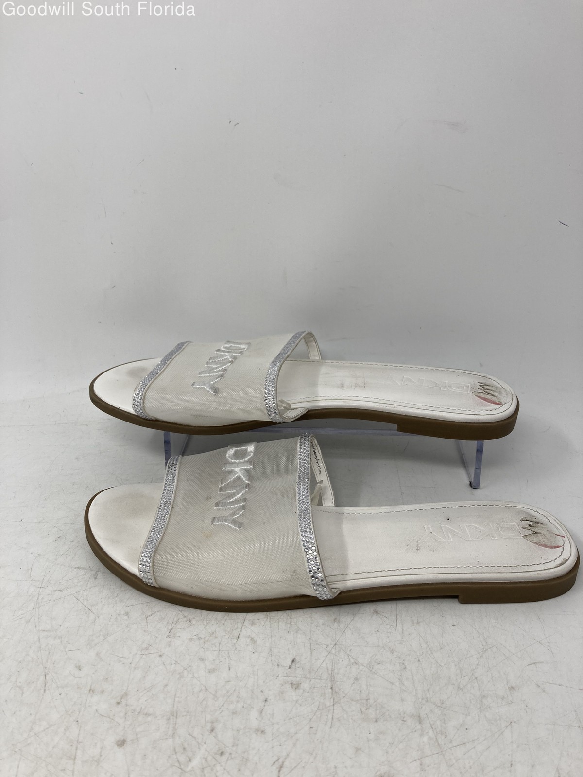 DKNY Womens White Logo Wide Strap Open Toe Slip-On Slide Sandals Size 10 M