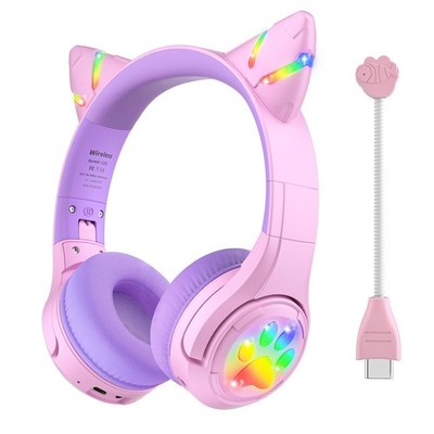 Riwbox CF9 Kids Bluetooth Headphones with LED, Mic, 85dB Volume Limit - Purple