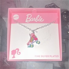 Barbie Fine Silver Plated Roller Skate Charm Necklace Pink 14" 2" Ext Girls