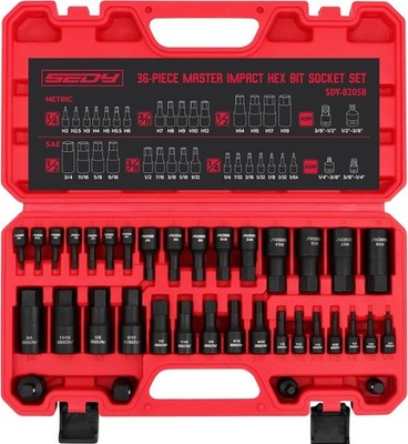 Hex Bit Impact Socket Set: 36-Piece with 4 Adapters, 1/4'' One Size, Black 